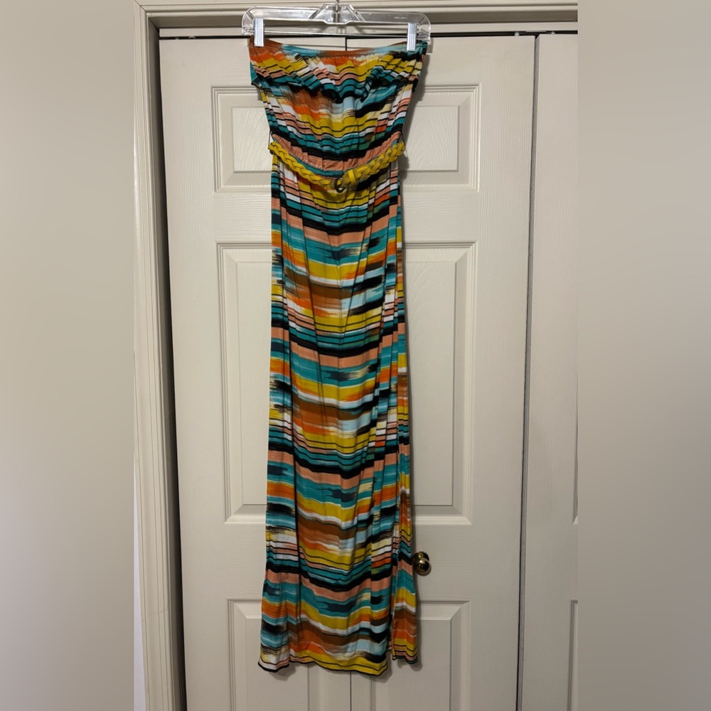 Trixxi Colorful Strapless Maxi Dress with Yellow Belt